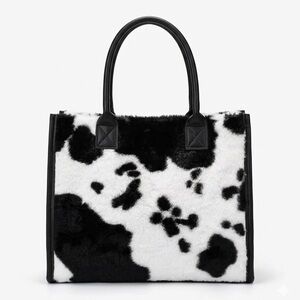 Black & White Cow Print Plush Handbag - Cute Fluffy Statement Tote
